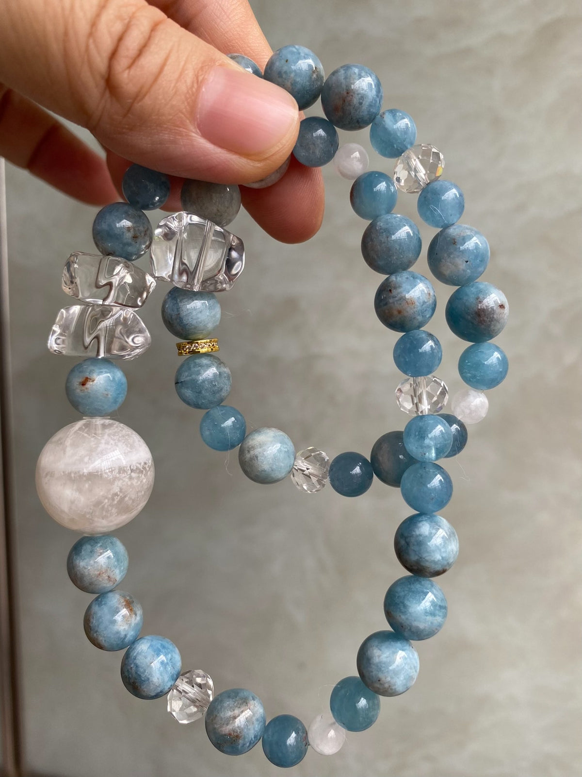 Aquamarine Double Loop Bracelet Snowflake Quartz