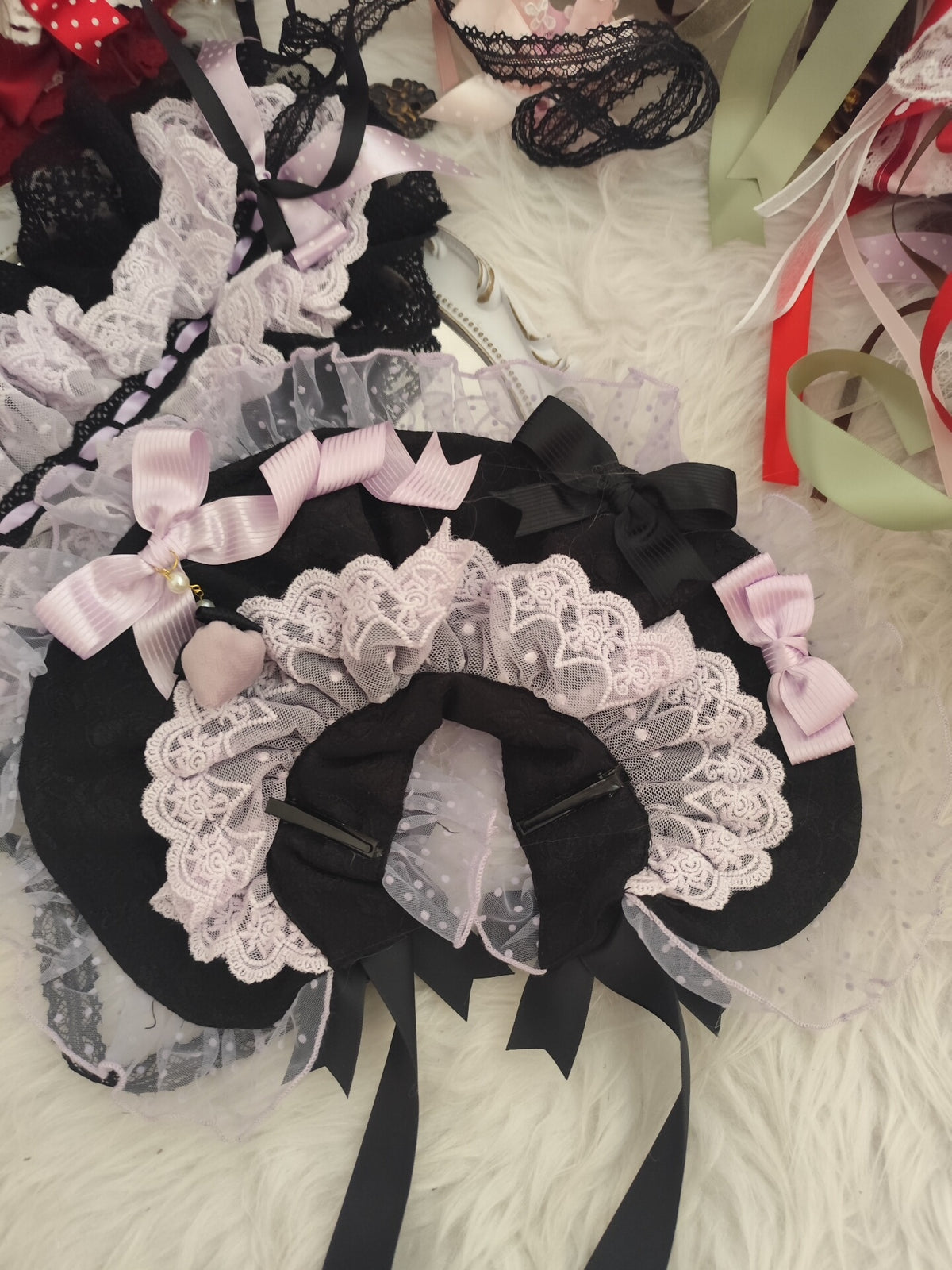 Black Lolita Bonnet with Pink Lace Trim