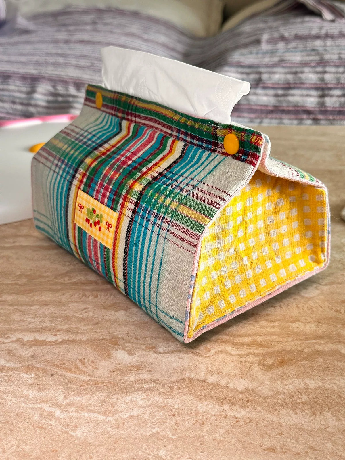 Copriportafazzoletti in cotone plaid arcobaleno artigianale