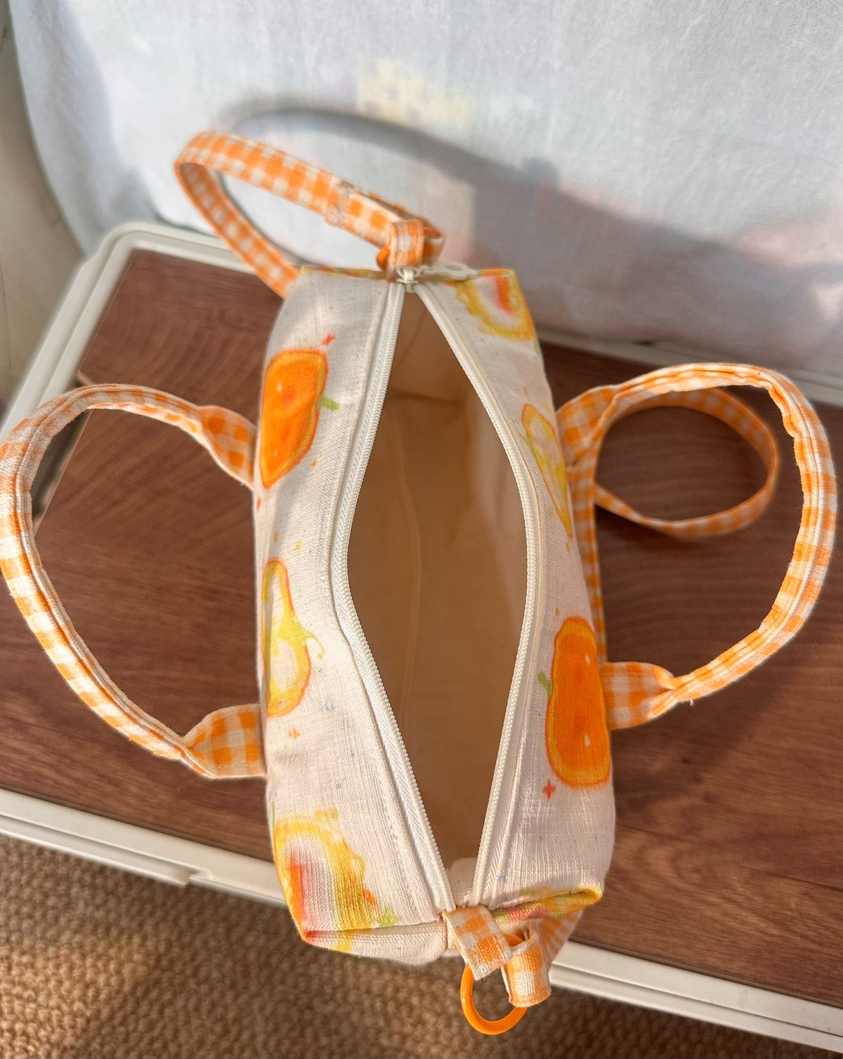 Pumpkin Print Boston Bag with Gingham Straps