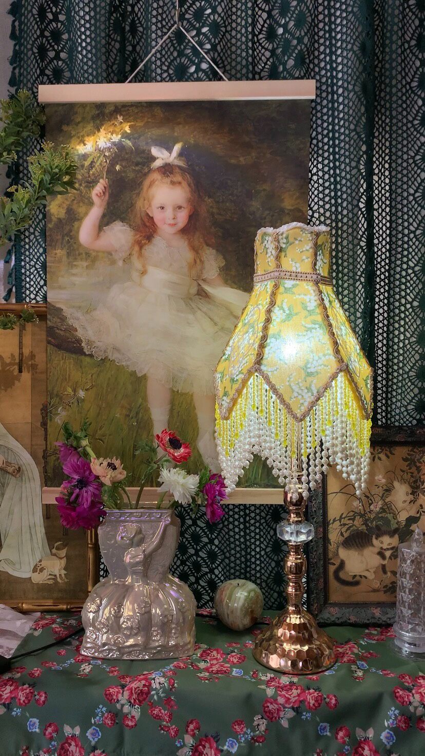 Handcrafted Bell Shade Table Lamp with Pearl Fringe
