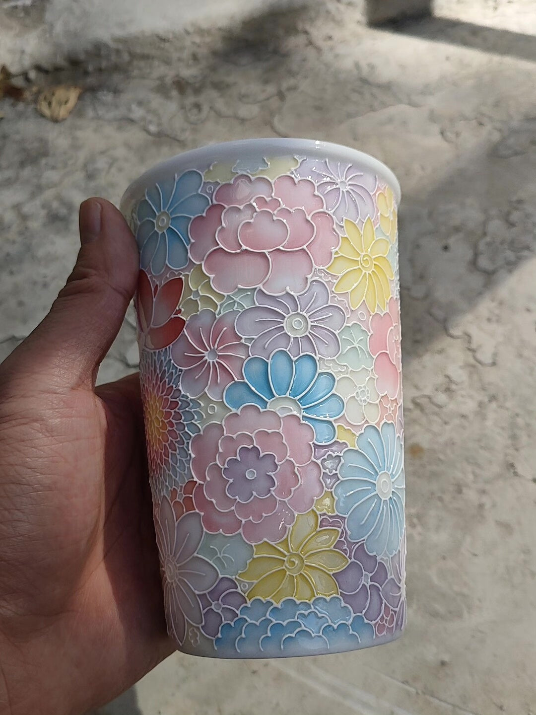 Tall Jade Clay Hand Painted Floral Mug