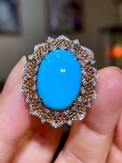 18K Two-Tone Gold Ring with Oval Cabochon Blue Stone and Diamond Halo