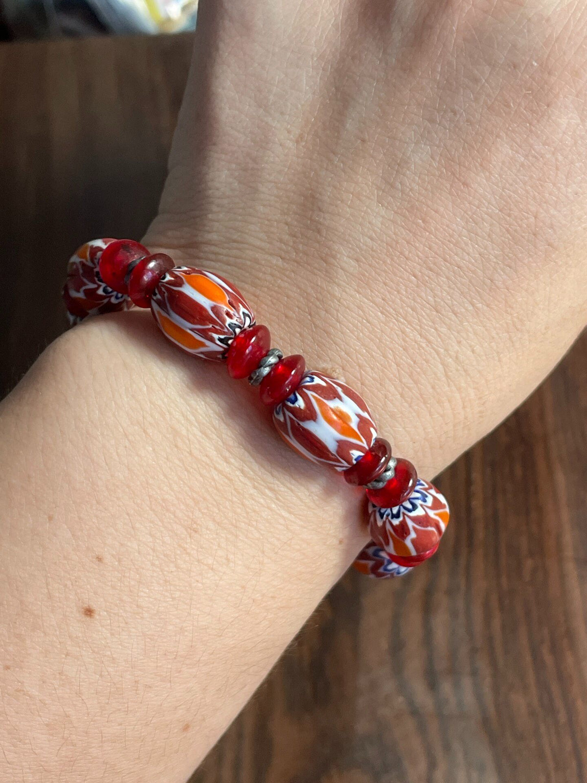 Handmade Glass Beaded Bracelet Red Orange Marbled