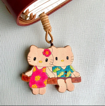 Hand-Carved Italian Leather Hello Kitty Keychain Set