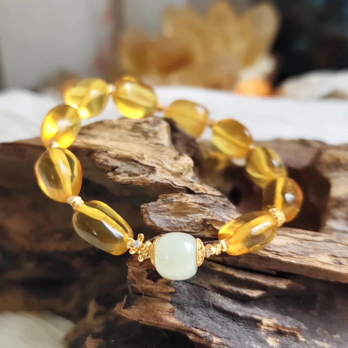 Amber and Hetian Jade Beaded Bracelet