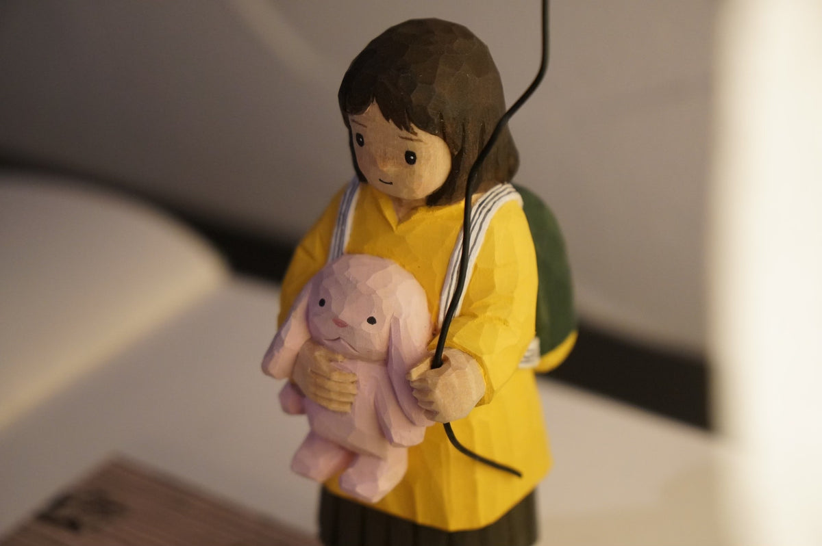 Hand-Carved Wooden Sculpture of Girl with Balloon, 14 cm
