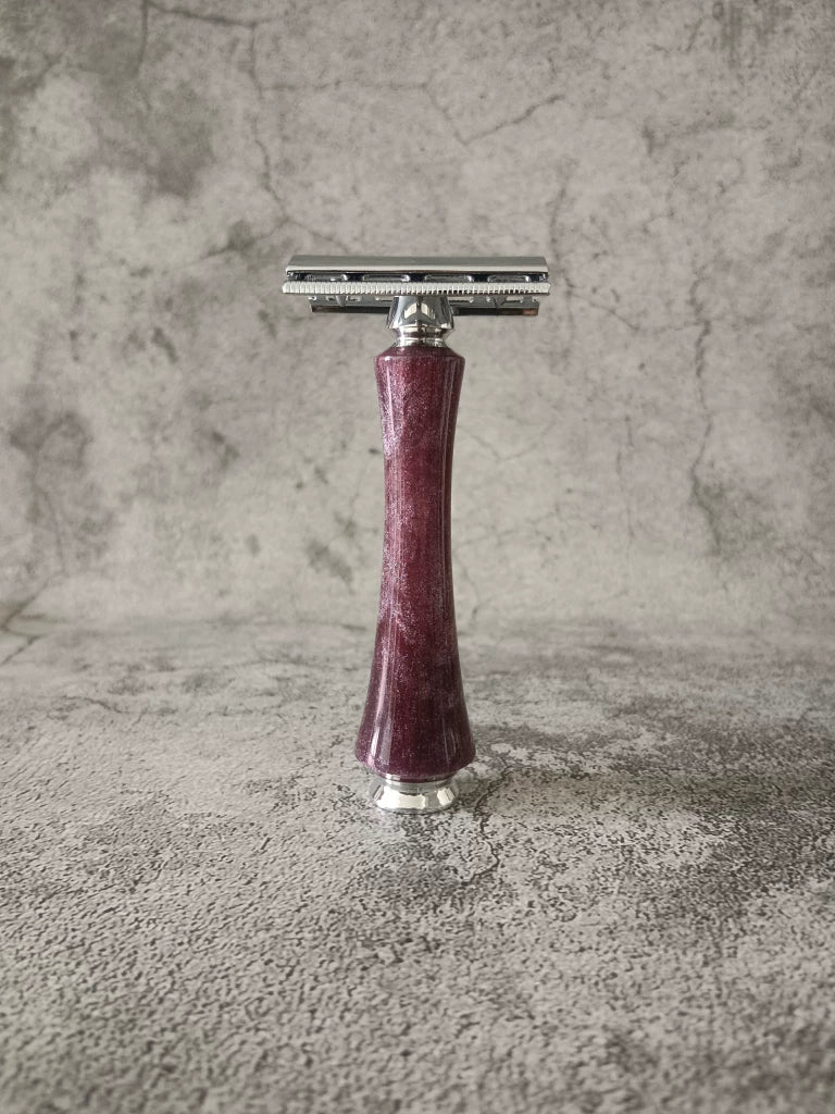 Burgundy Marbled Resin Safety Razor and Stand