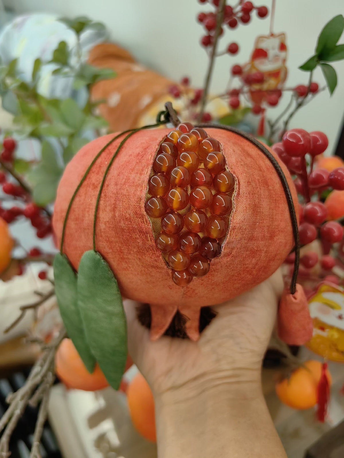 Handcrafted Fabric Pomegranate Ornament with Beads