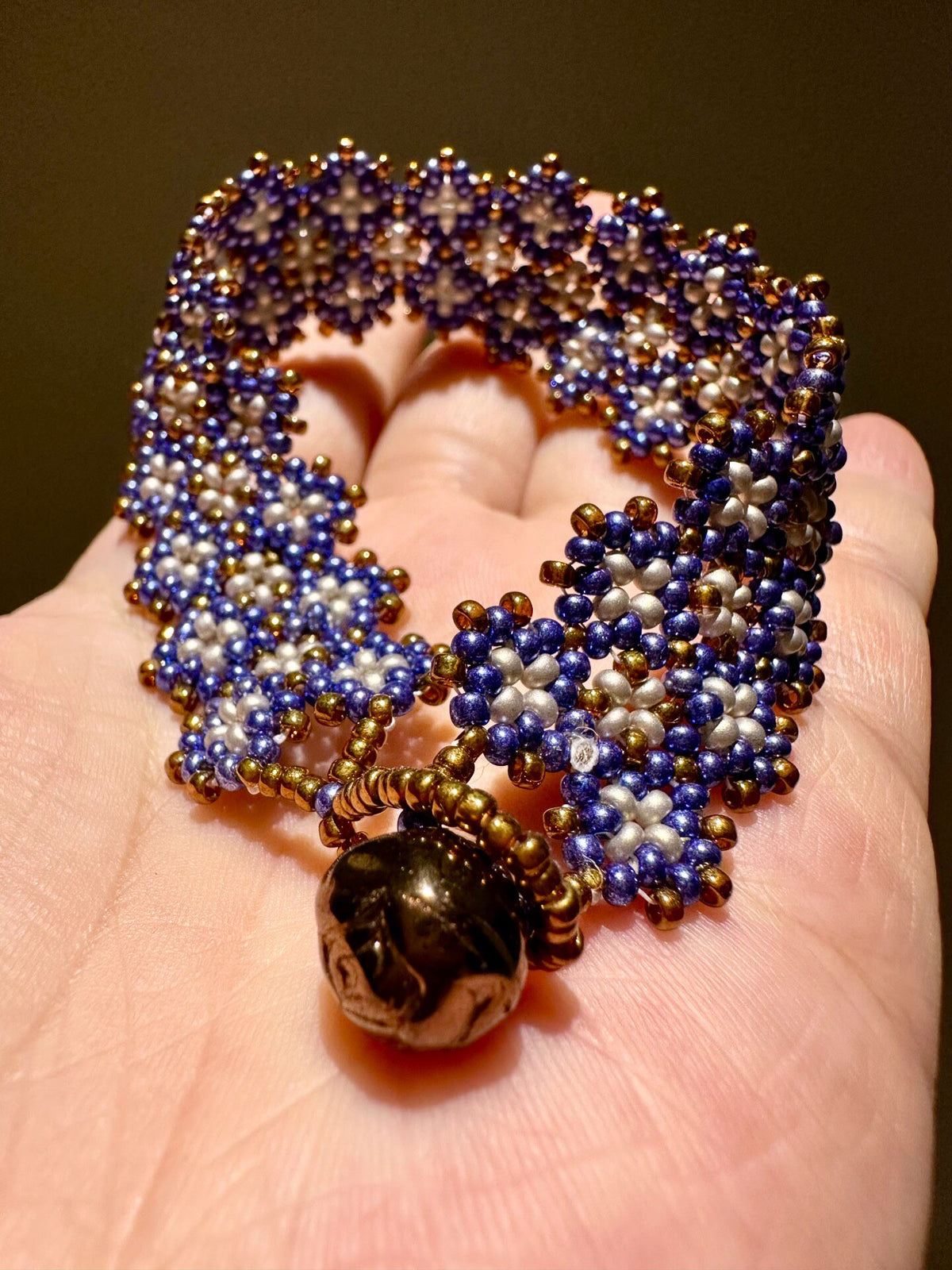 Seed Bead Woven Bracelet Navy Pearl Bronze