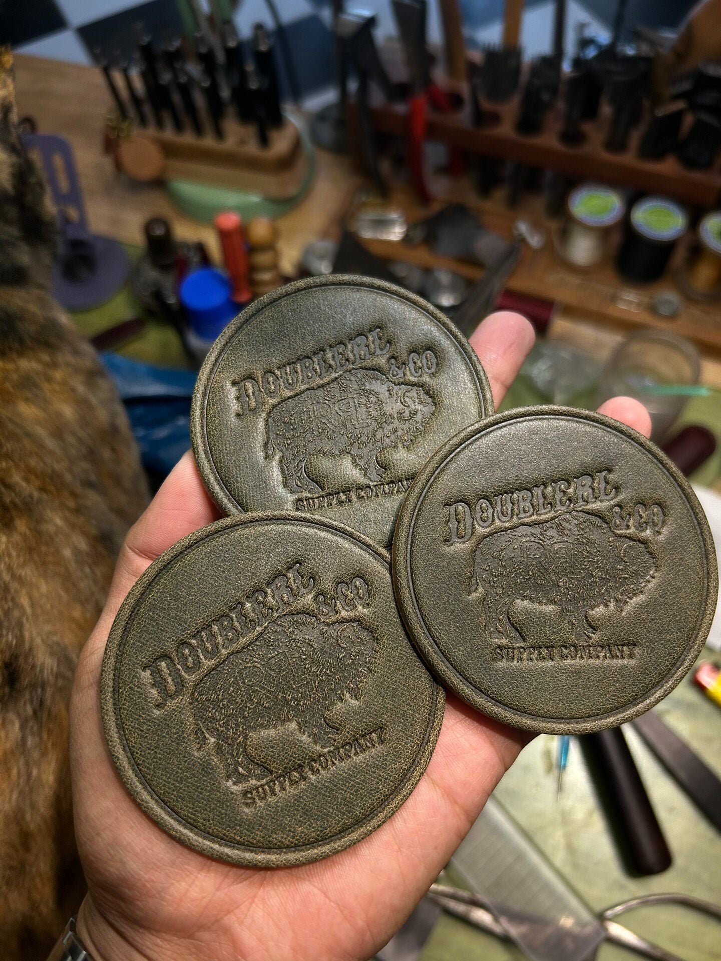 Set of Three Vegetable-Tanned Leather Coasters with Bison Embossed Design