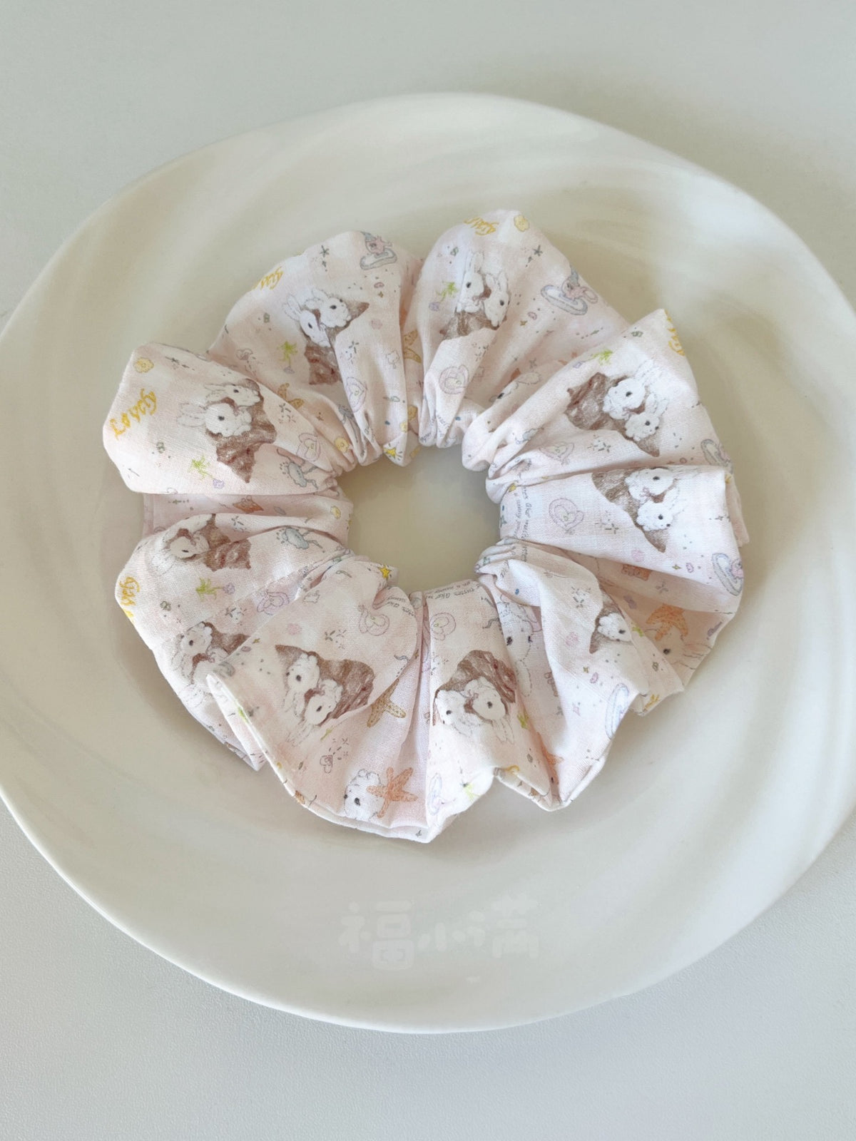 Pink Rabbit Print Fabric Hair Scrunchie