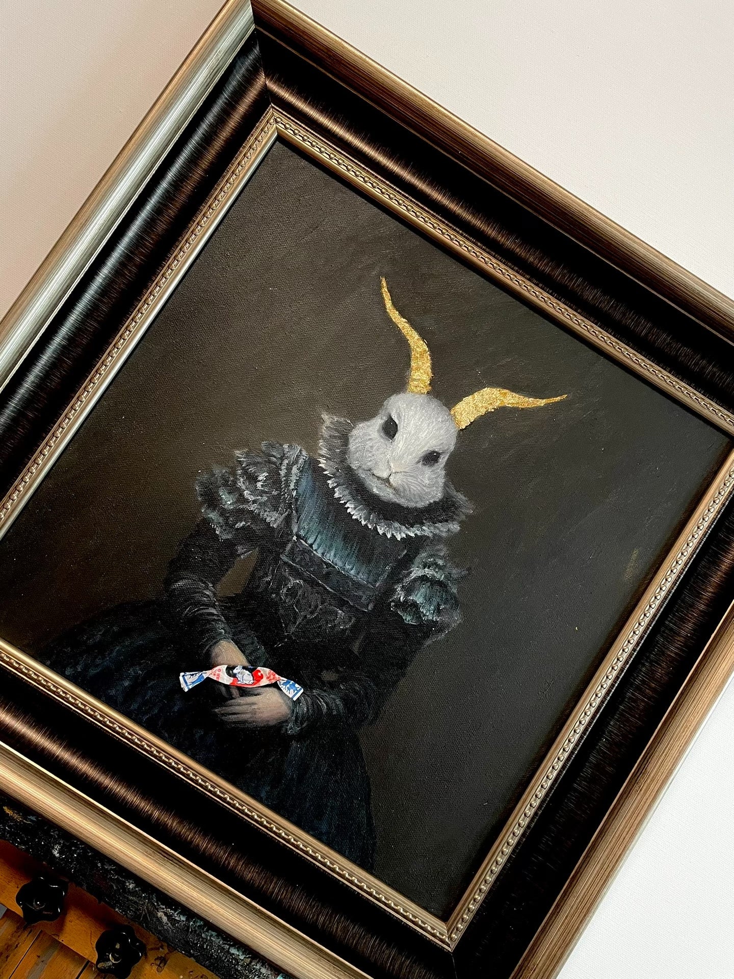 Surreal Portrait of a White Rabbit with Golden Horns in Victorian Dress