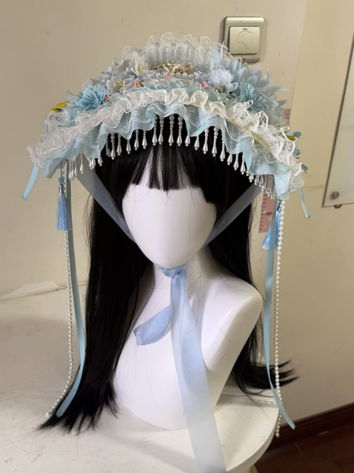 Blue Bonnet Flat Hat with Pearl Trim