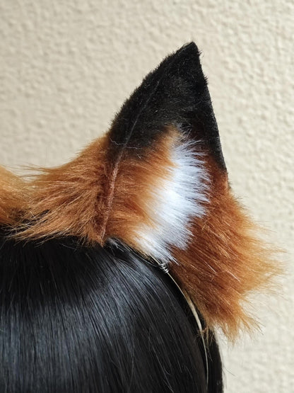 Handmade Red Fox Ears Headband with Tri-Color Fur and White Inner Patch