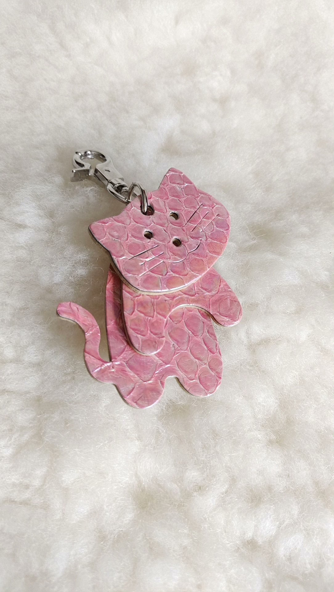 Peach Pink Dragon Scale Leather Cat Keychain