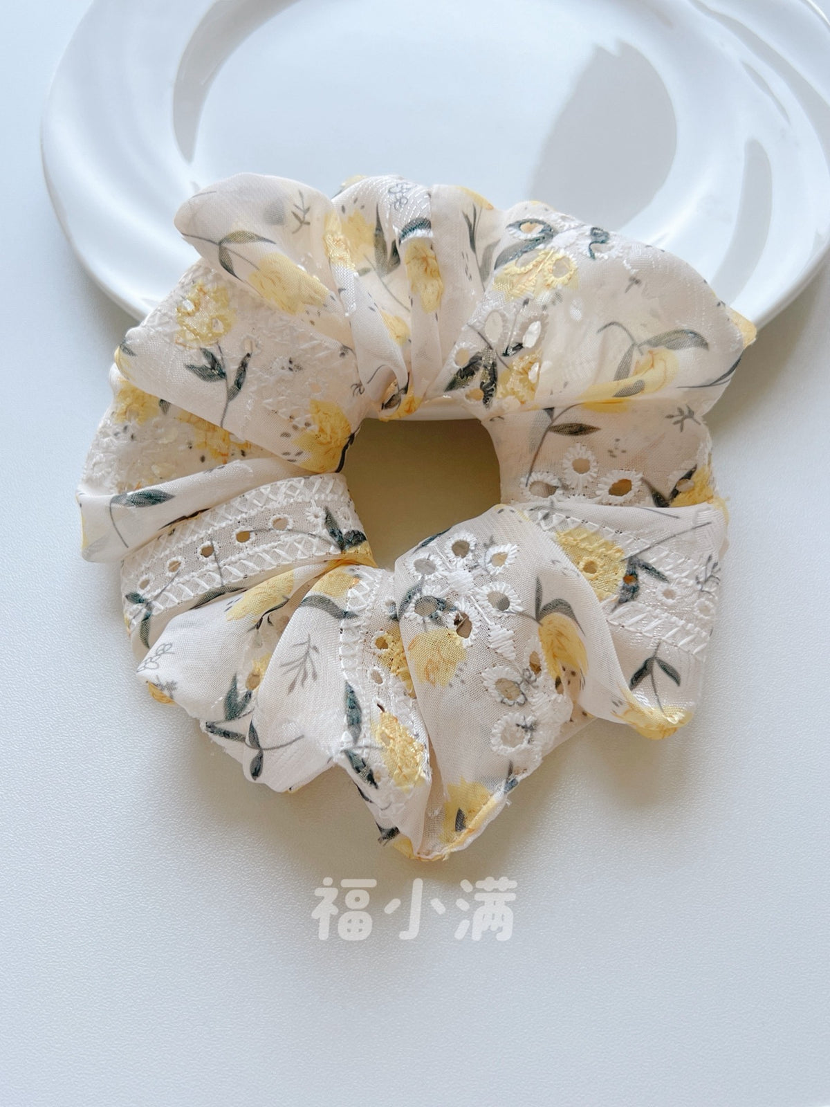 Ruffled Floral Scrunchie with Eyelet Embroidery