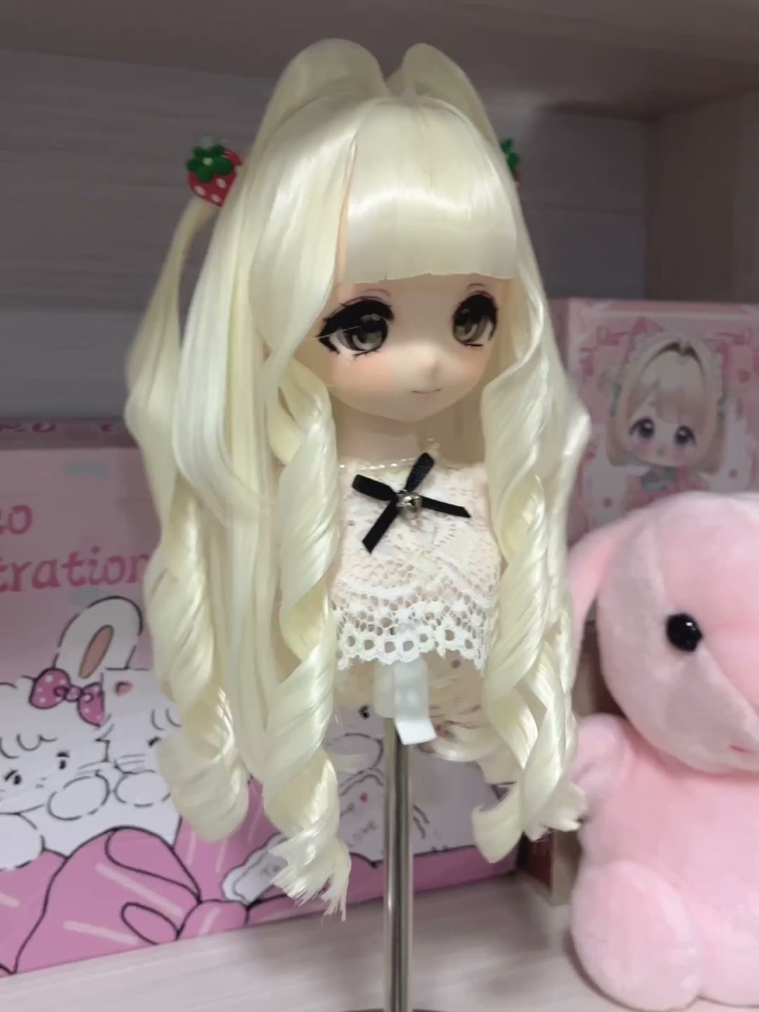 Cream Twin Tail Doll Wig with Strawberry Clips