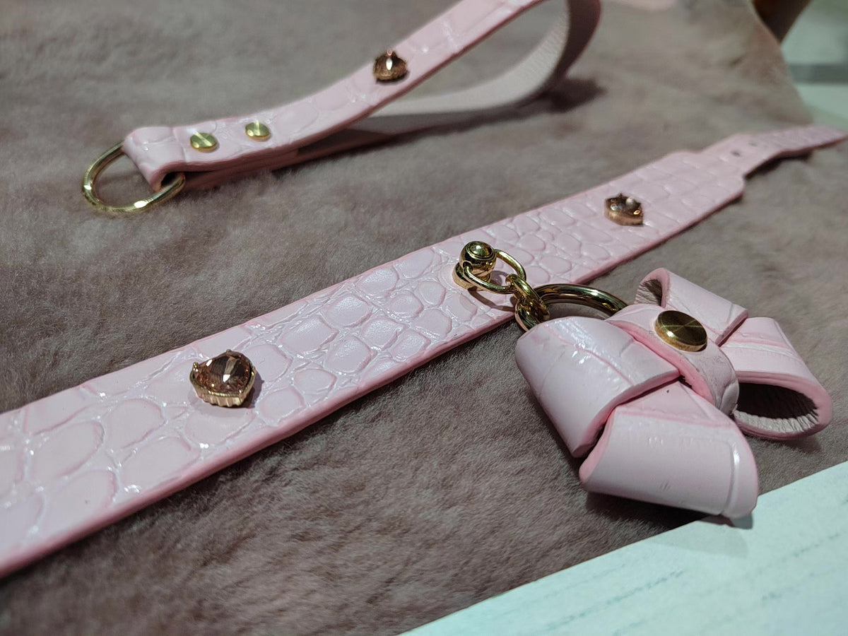 Rosa Fischschuppen Leder Hund Halsband und Leinen Set