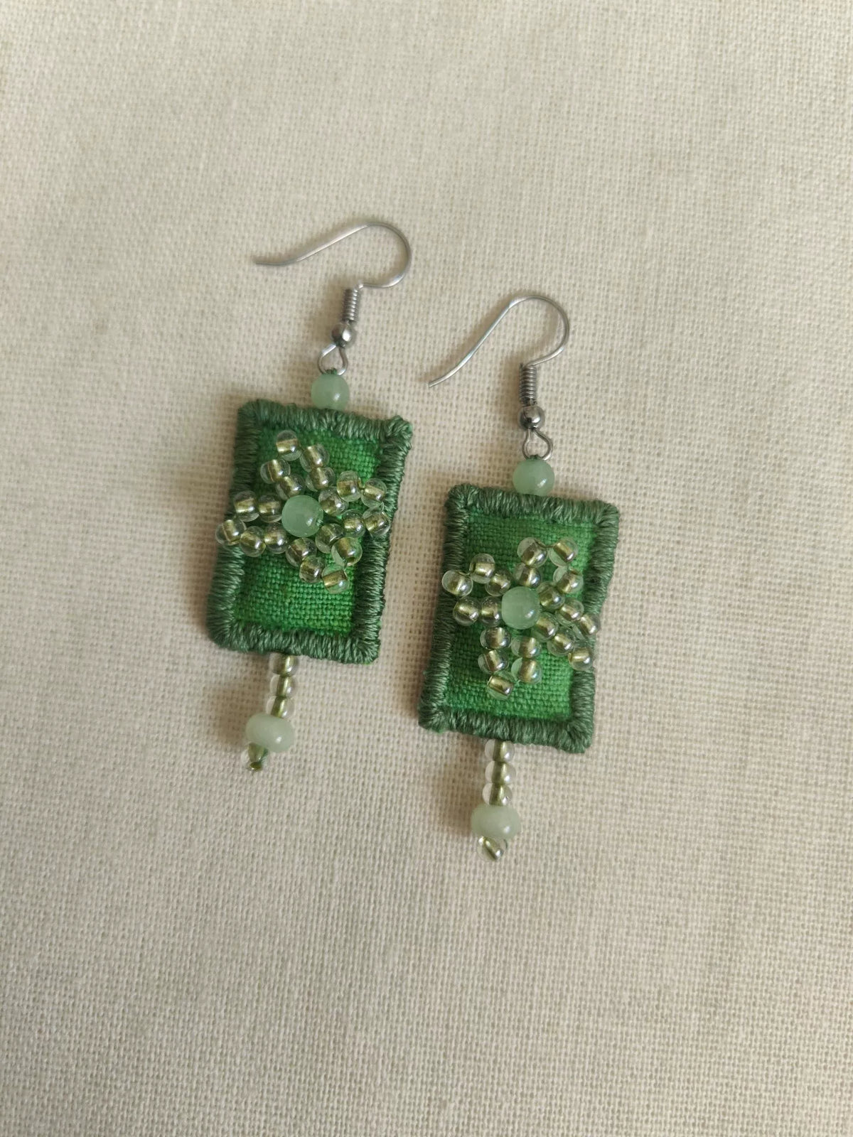 Handmade Green Fabric Beaded Tassel Earrings