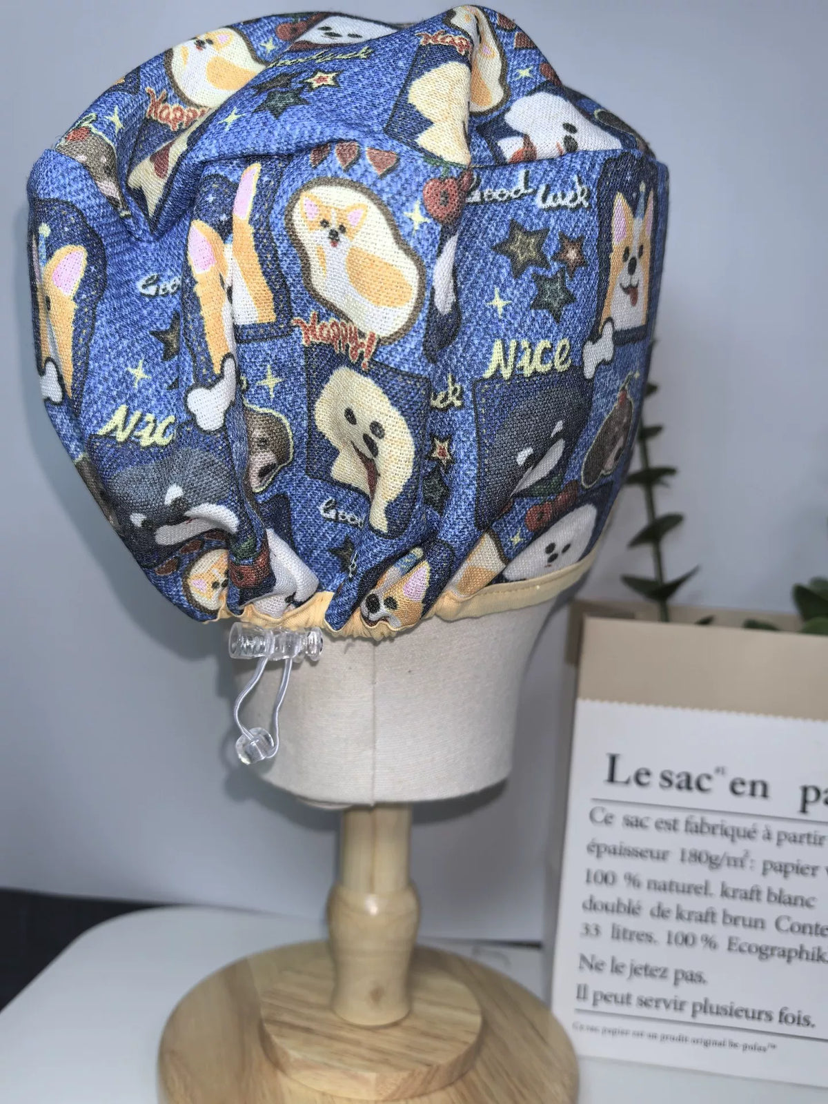 Indigo Cotton Linen Surgical Cap Dog Print