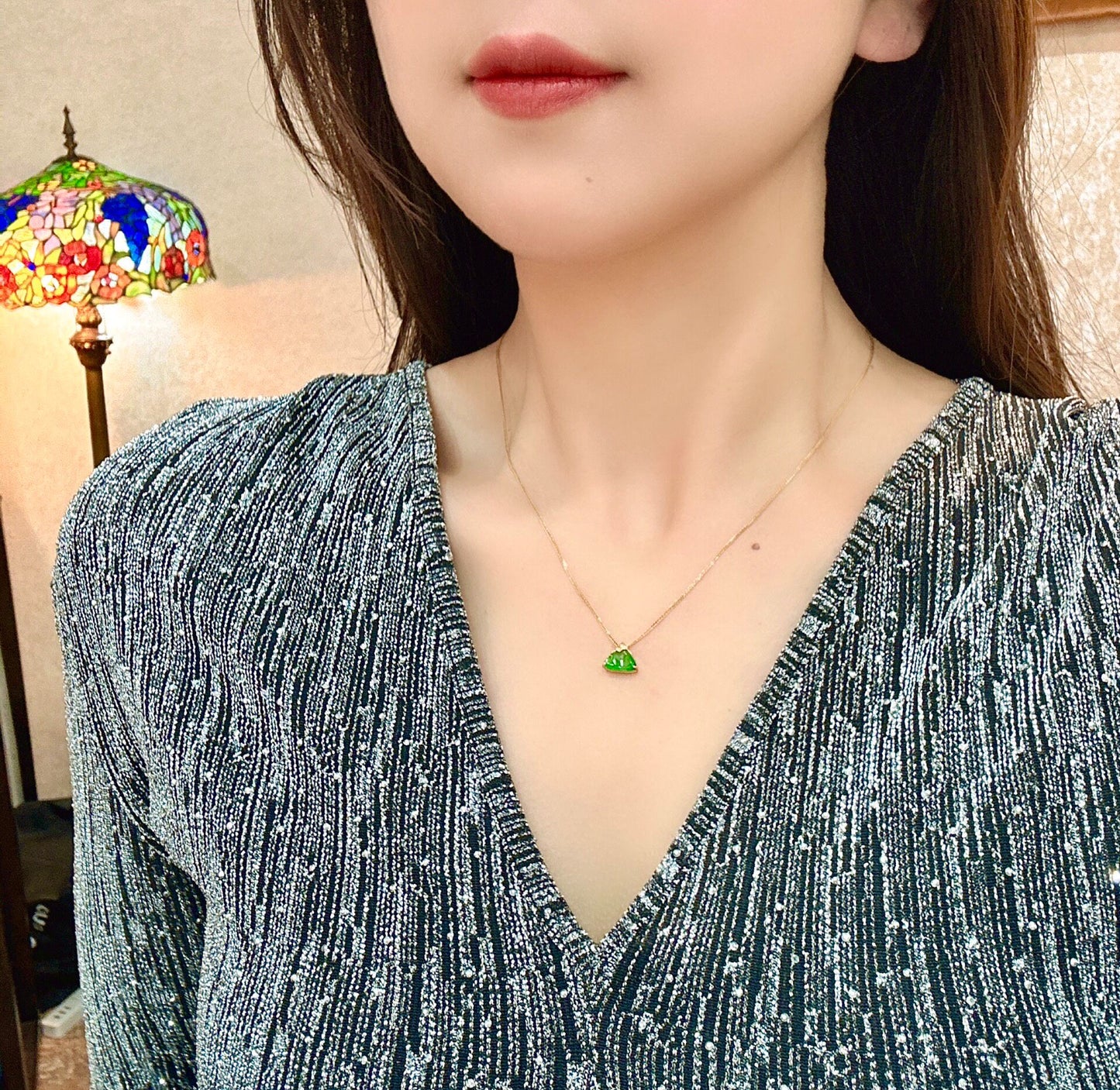 18K Gold Jadeite Mountain Pendant Necklace, 9x5.3mm