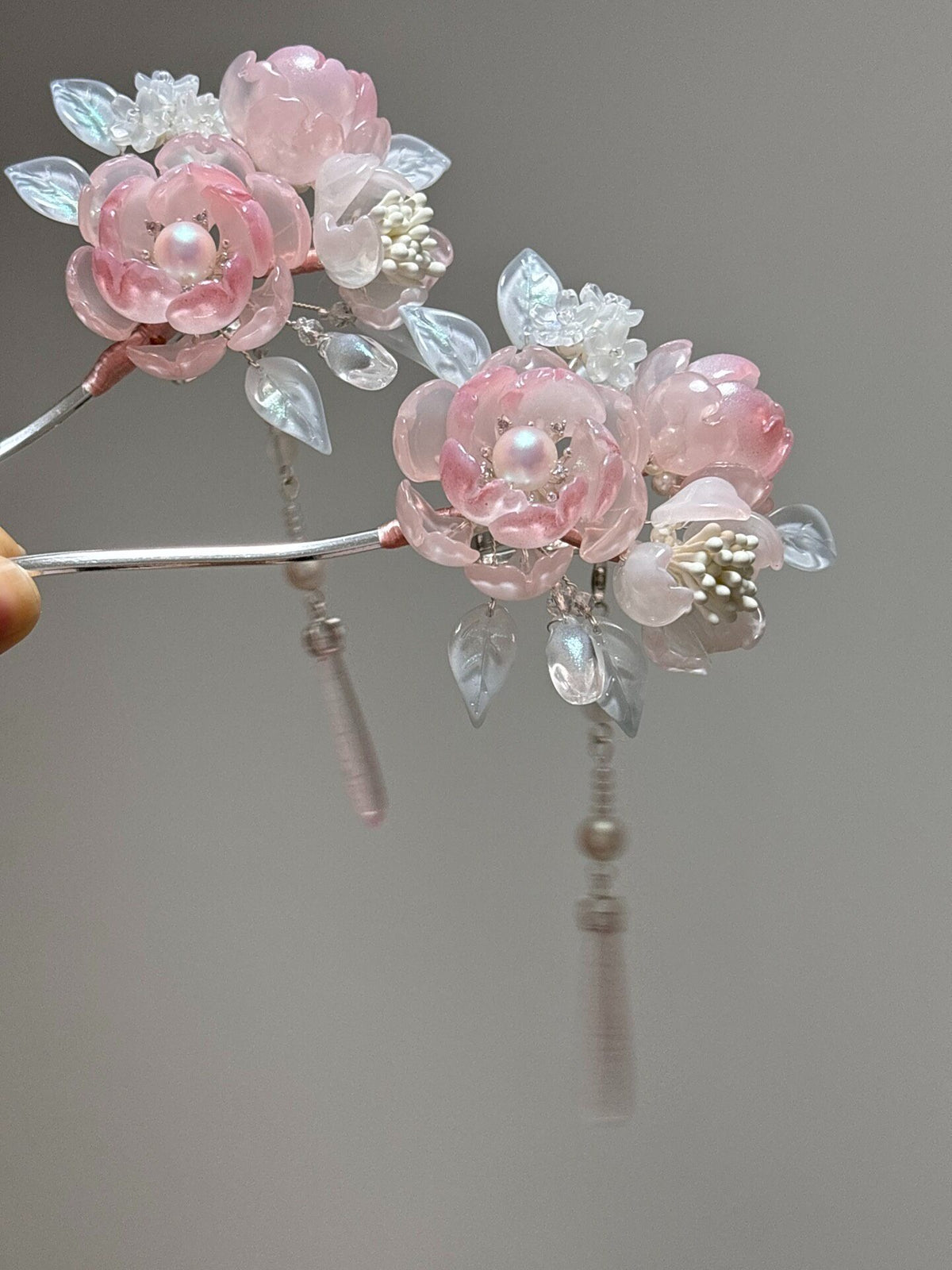 Glazed Peony Hairpin with Pink Crystal Drops