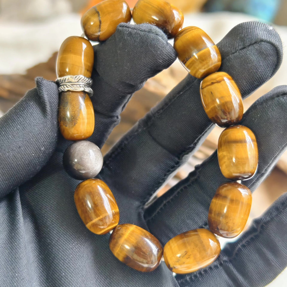 Yellow Tiger's Eye Silver Obsidian Beaded Bracelet