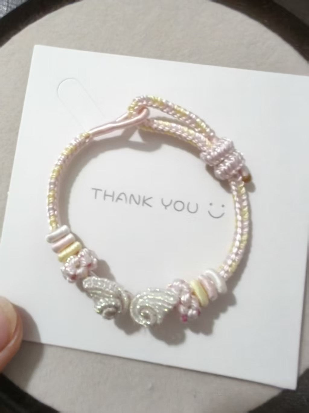 Handwoven Pink Gradient Bracelet with Flowers