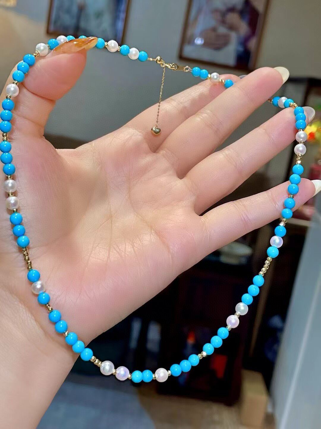 Turquoise Pearl Necklace 18K Gold Accent