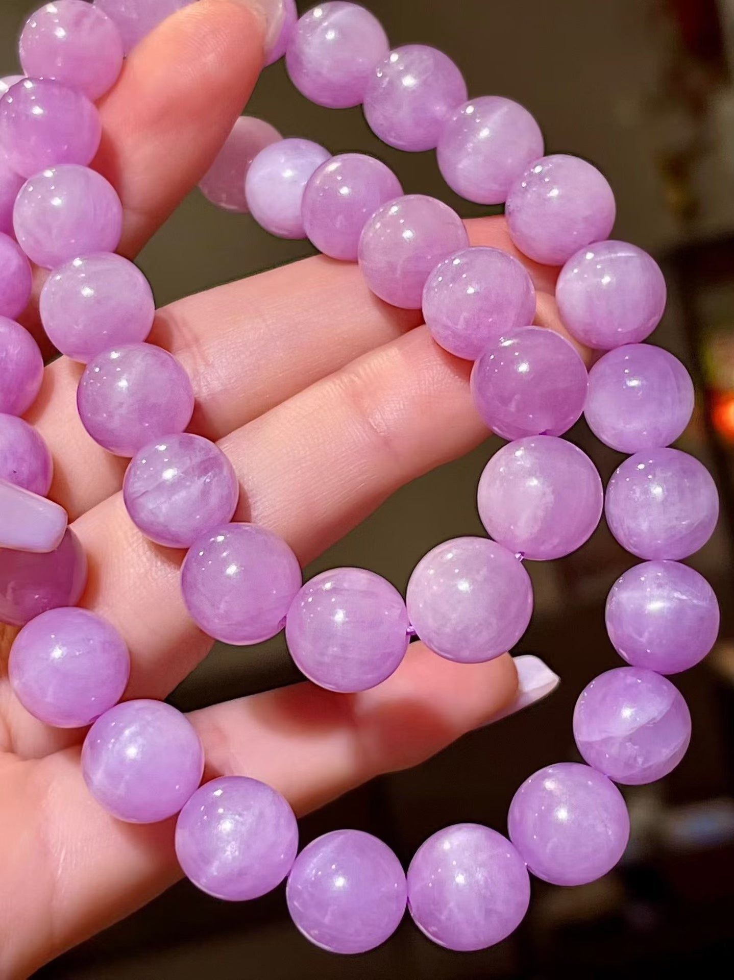 Purple Kunzite Beaded Necklace, 10.2-11mm Spherical Beads, Silver Clasp