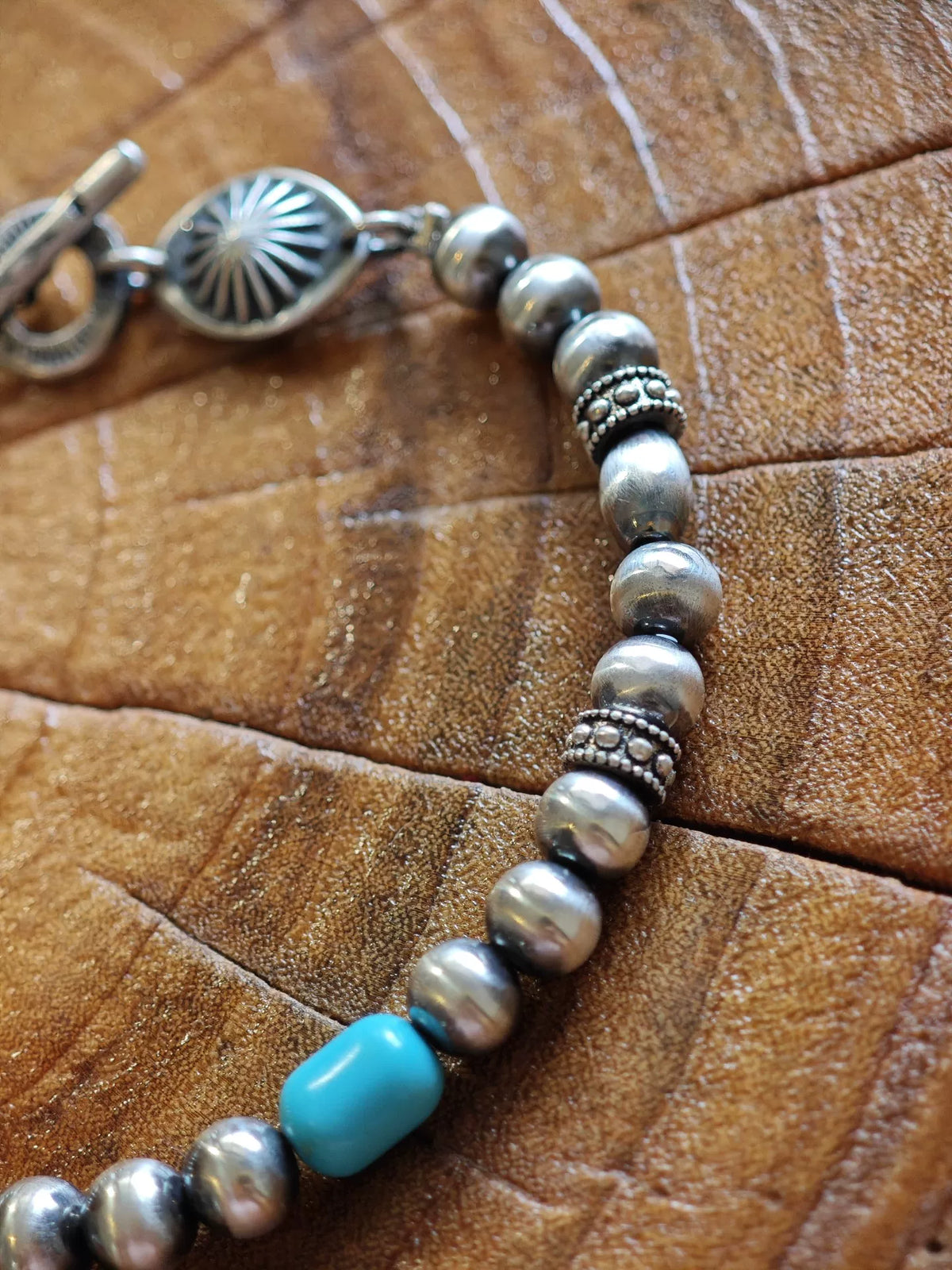 Navajo Style Hammered Silver Bead Bracelet Turquoise