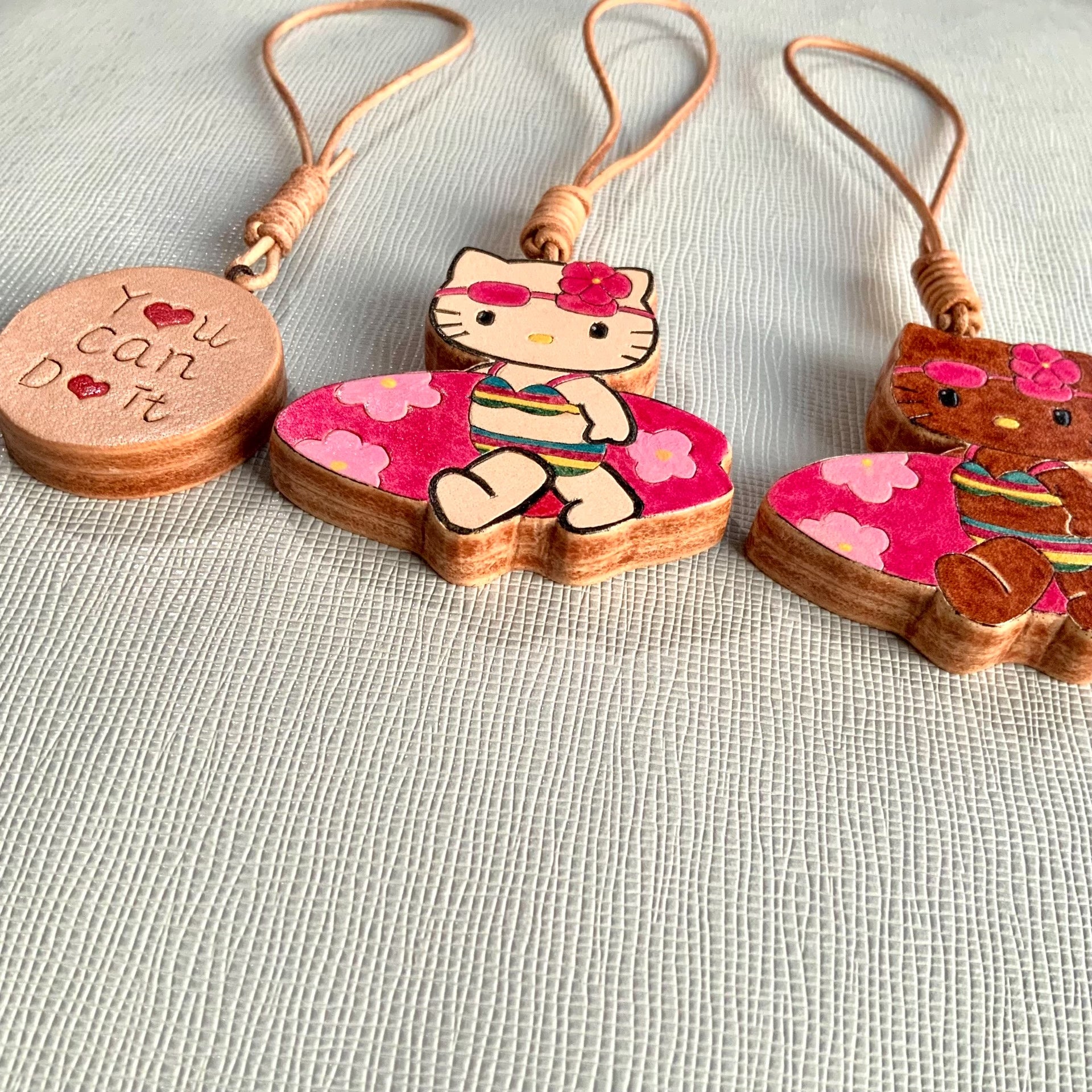 Hand-Carved Italian Leather Hello Kitty Keychain Set