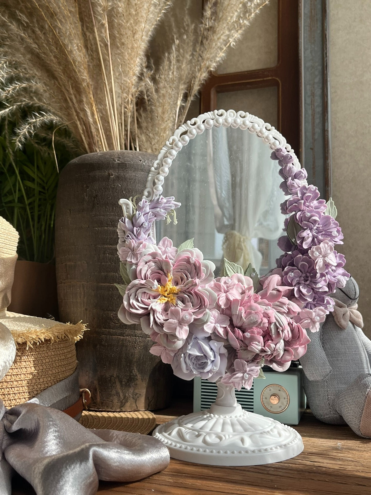 Clay Floral Decorated Oval Mirror