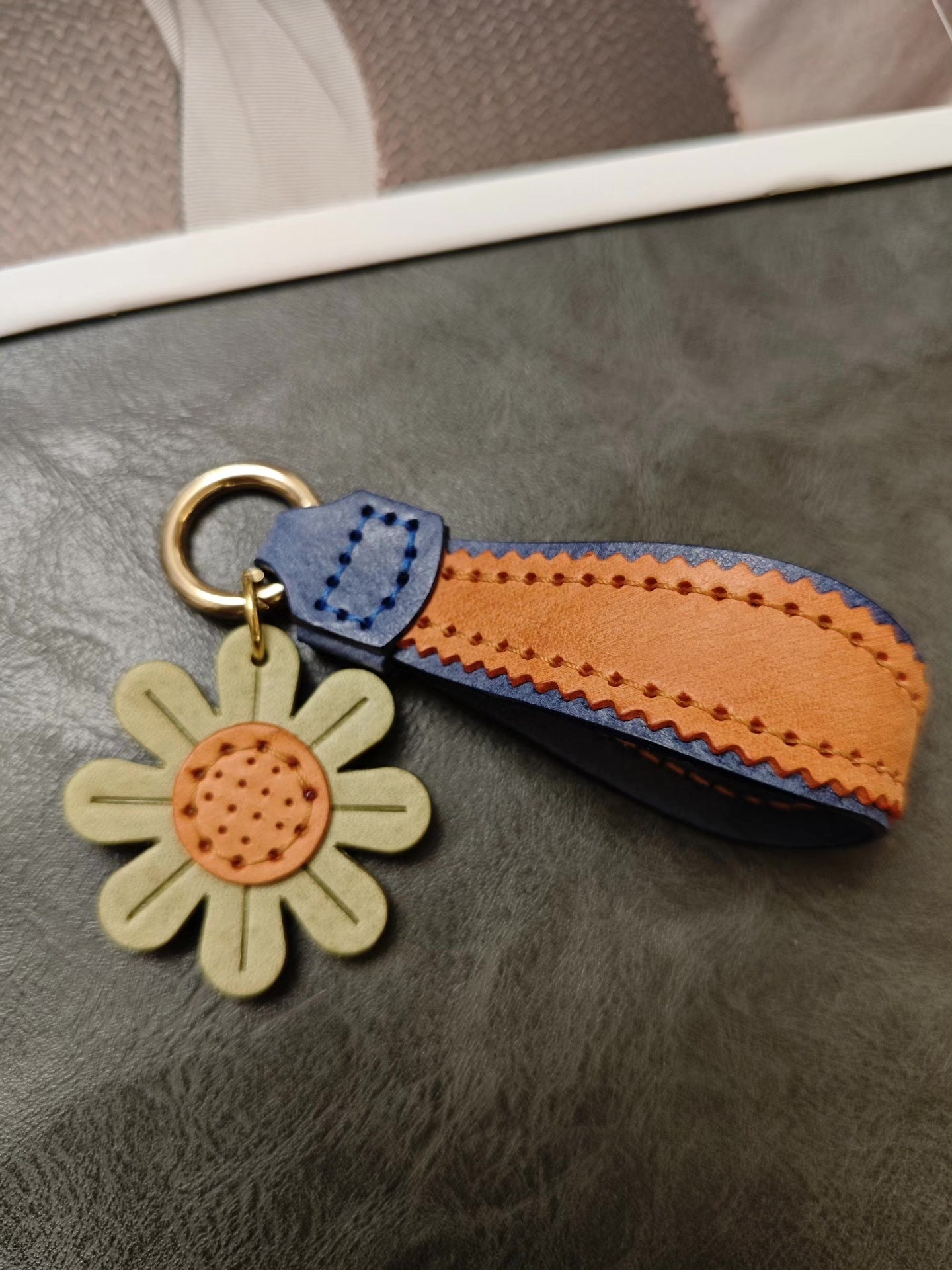 Handmade Leather Keychain Bag Charm with Flower and Zigzag Stitching