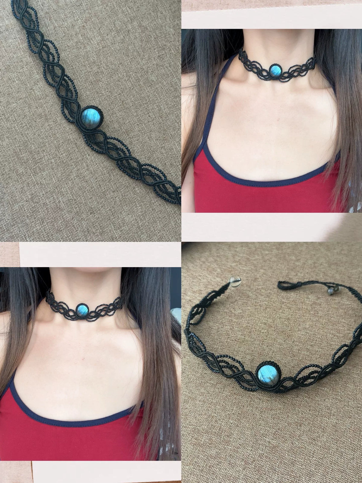 Svart makrame med labradorit choker och runt armband