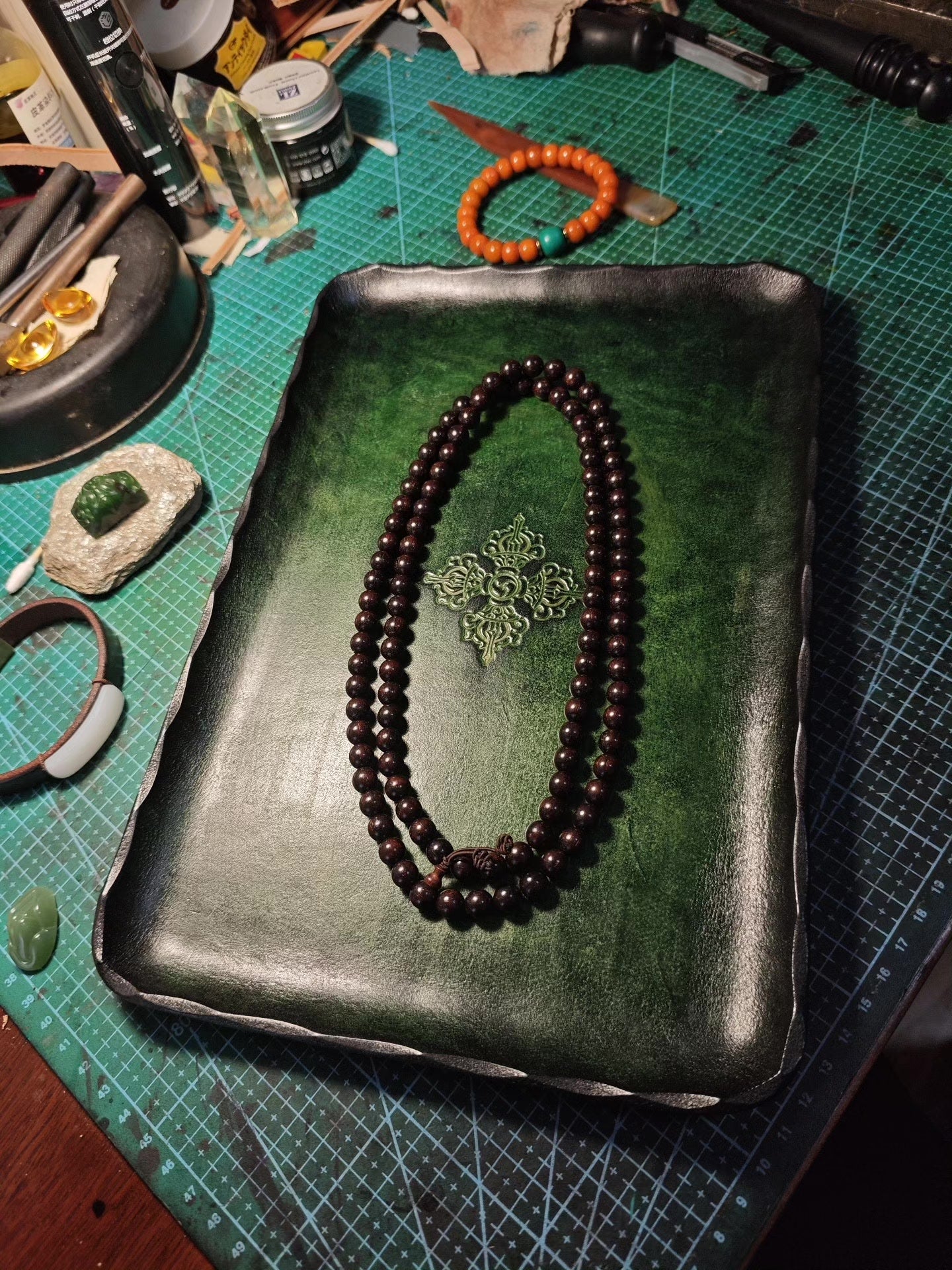 Emerald Green Leather Tray with Embossed Vajra Design