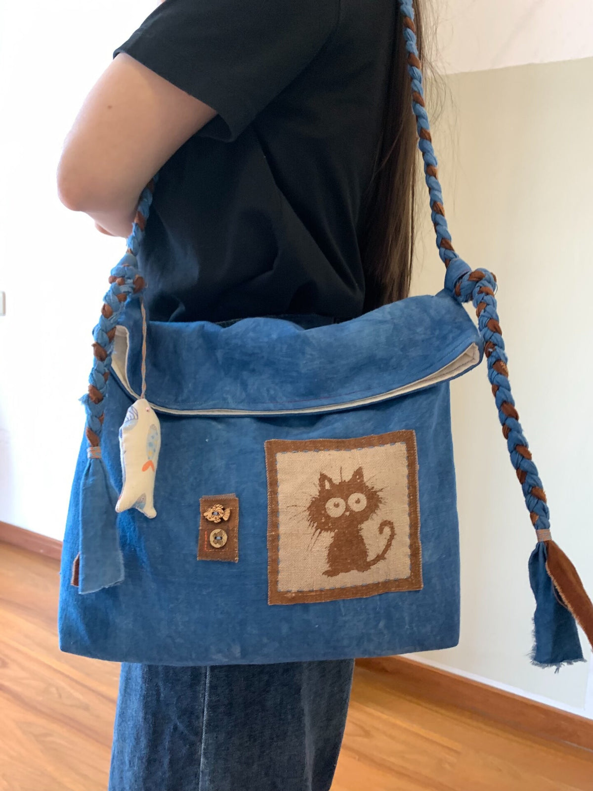 Handwoven Cotton Crossbody Bag with Cat Patch