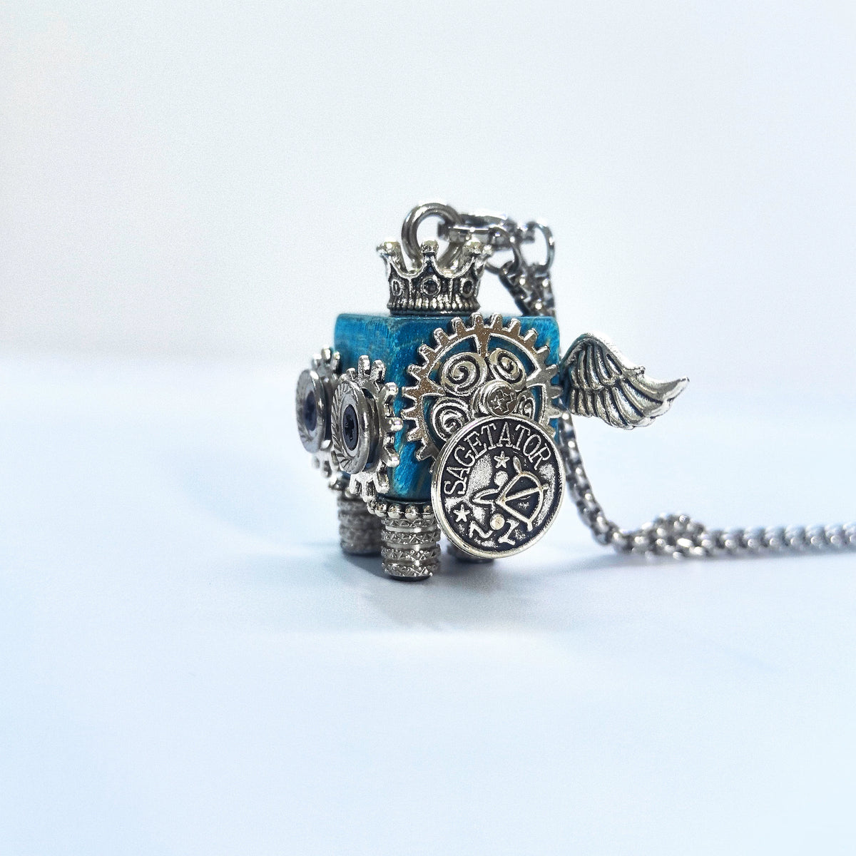 Steampunk Sagittarius Robot Pendant Wood Metal