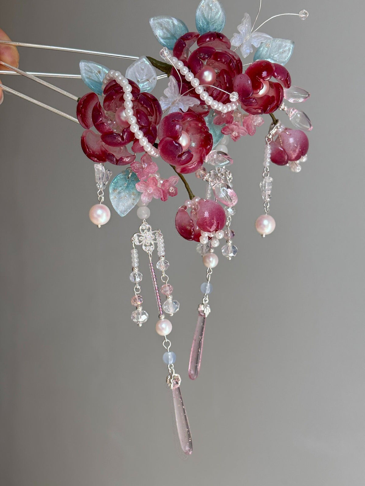 Liuli Glass Floral Hair Fork with Tassels