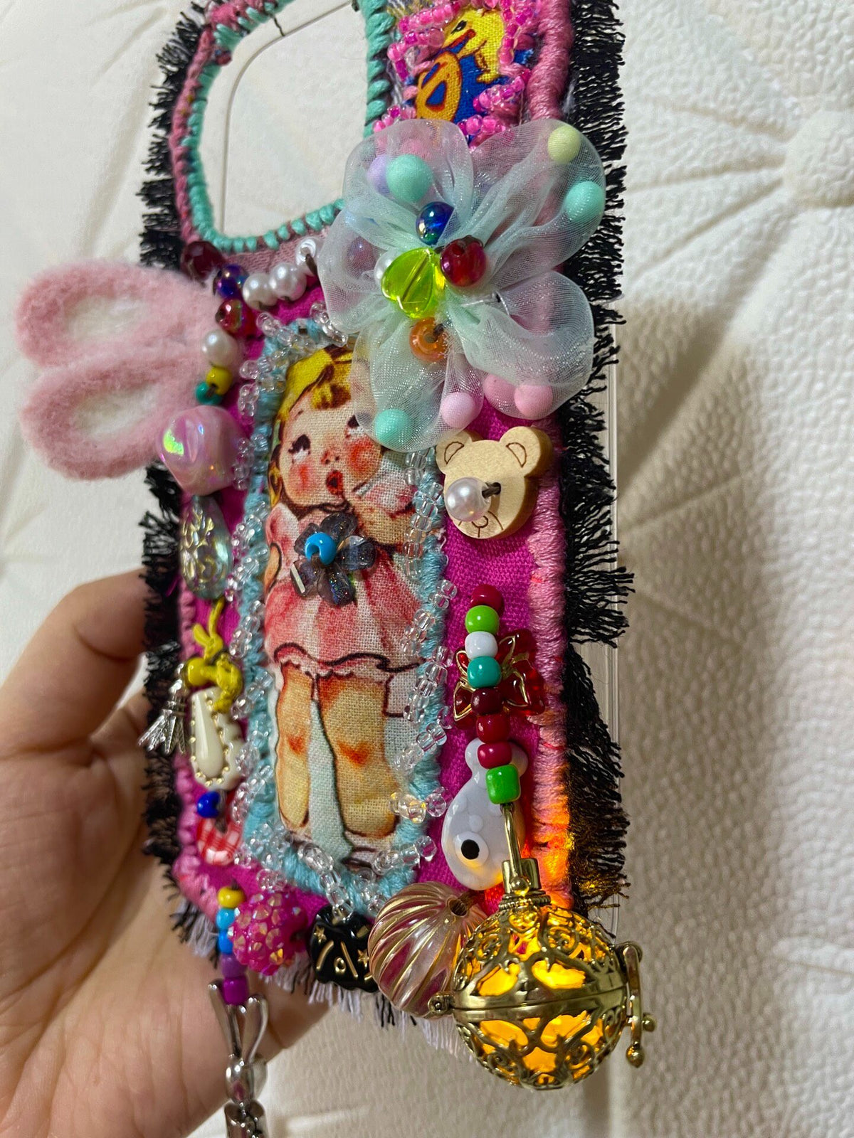 Handcrafted Patchwork Phone Case with Beadwork