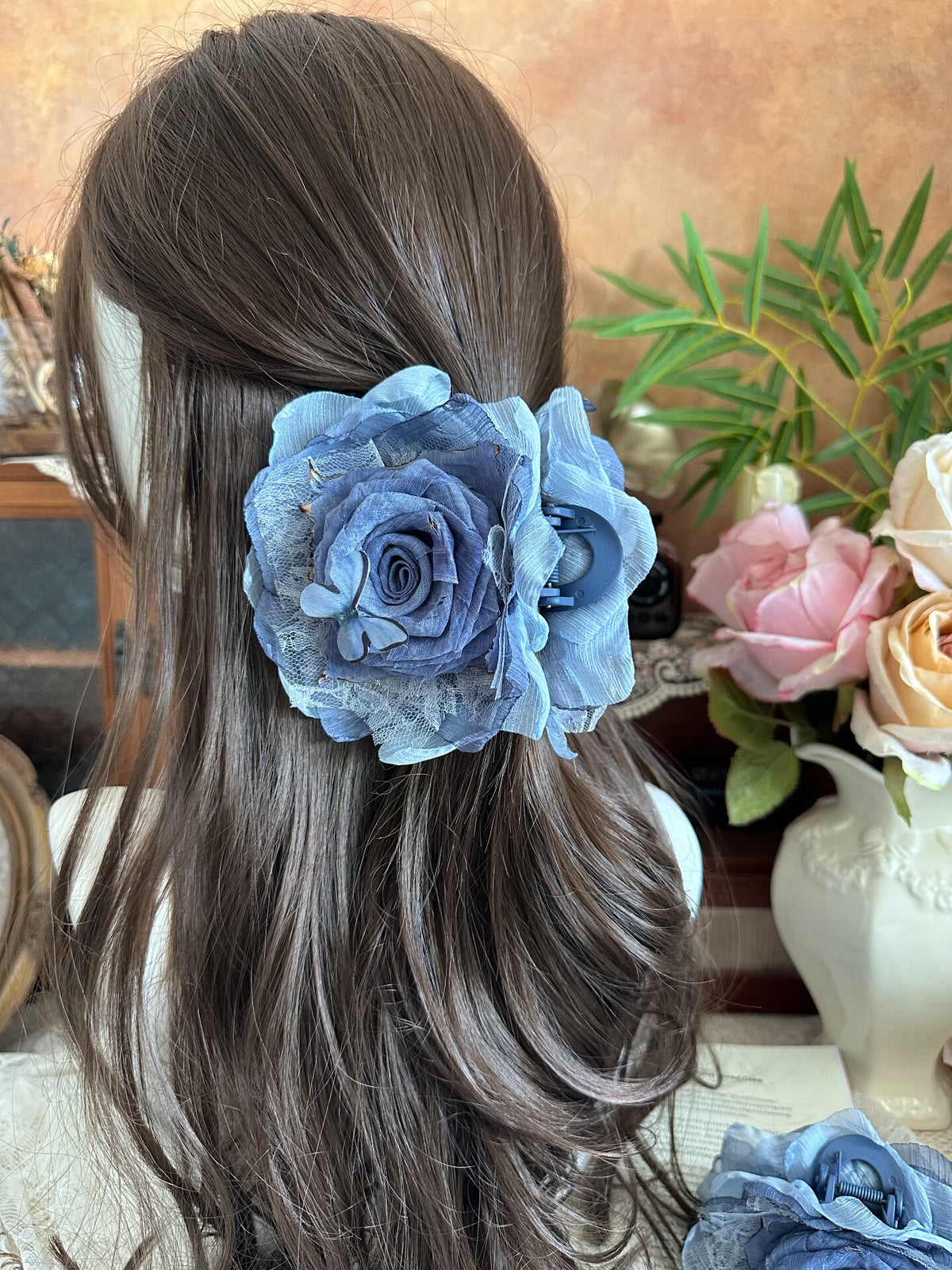 Handcrafted Fabric Rose Blue Hair Claw Clip