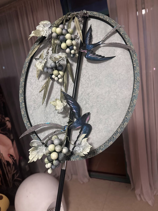 Custom Tang-Style Fan with Wild Grapes and Swallows on Silk