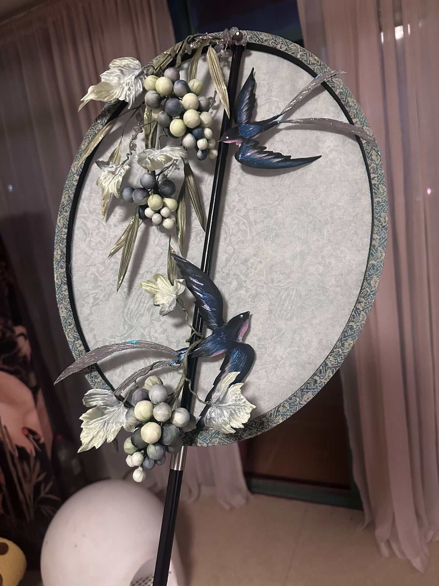 Custom Tang-Style Fan with Wild Grapes and Swallows on Silk