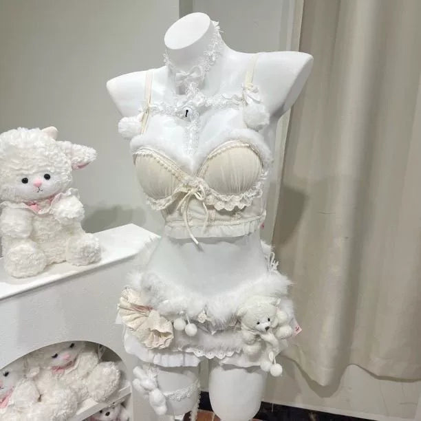 White Lace Cami Set with Faux Fur Trim