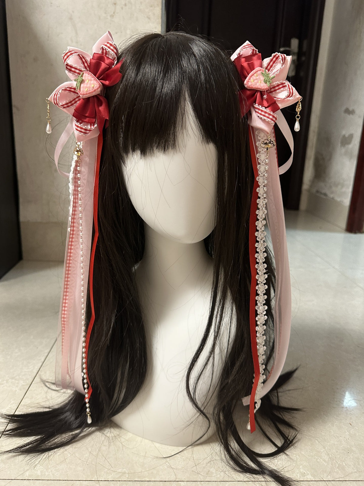 Lolita Strawberry Bow Hair Side Clips Pair
