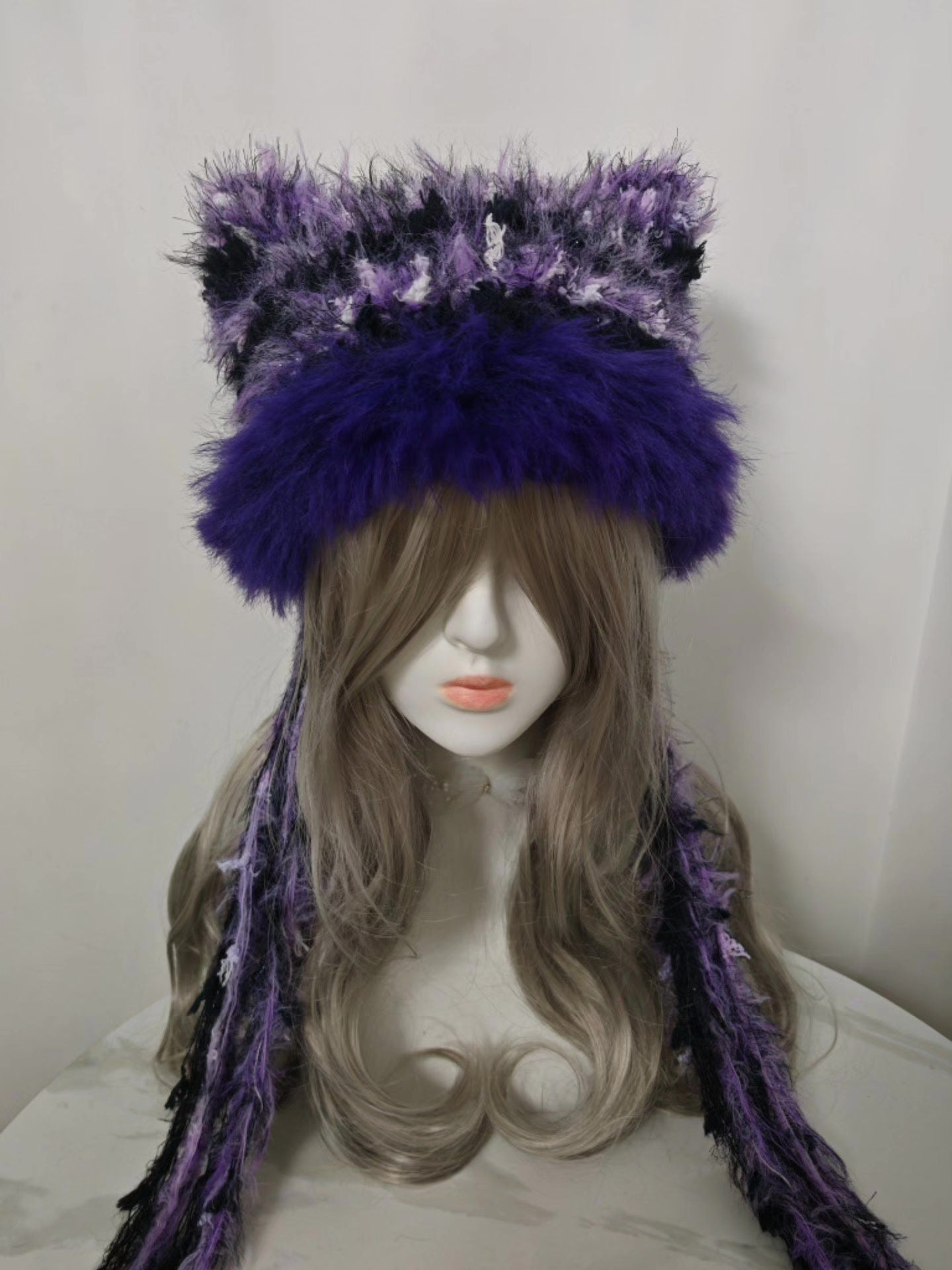 Black and Purple Cat Ear Hat with Detachable Tassels