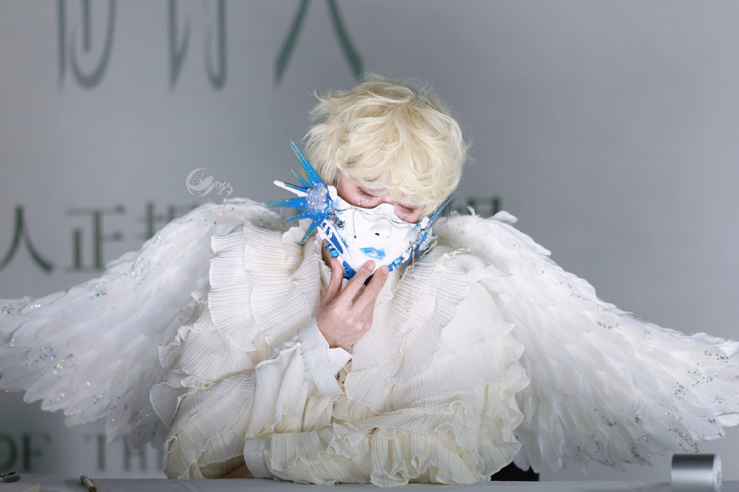 Cyberpunk Half-Face Mask with Blue Mechanical Fins and Pearl Beads