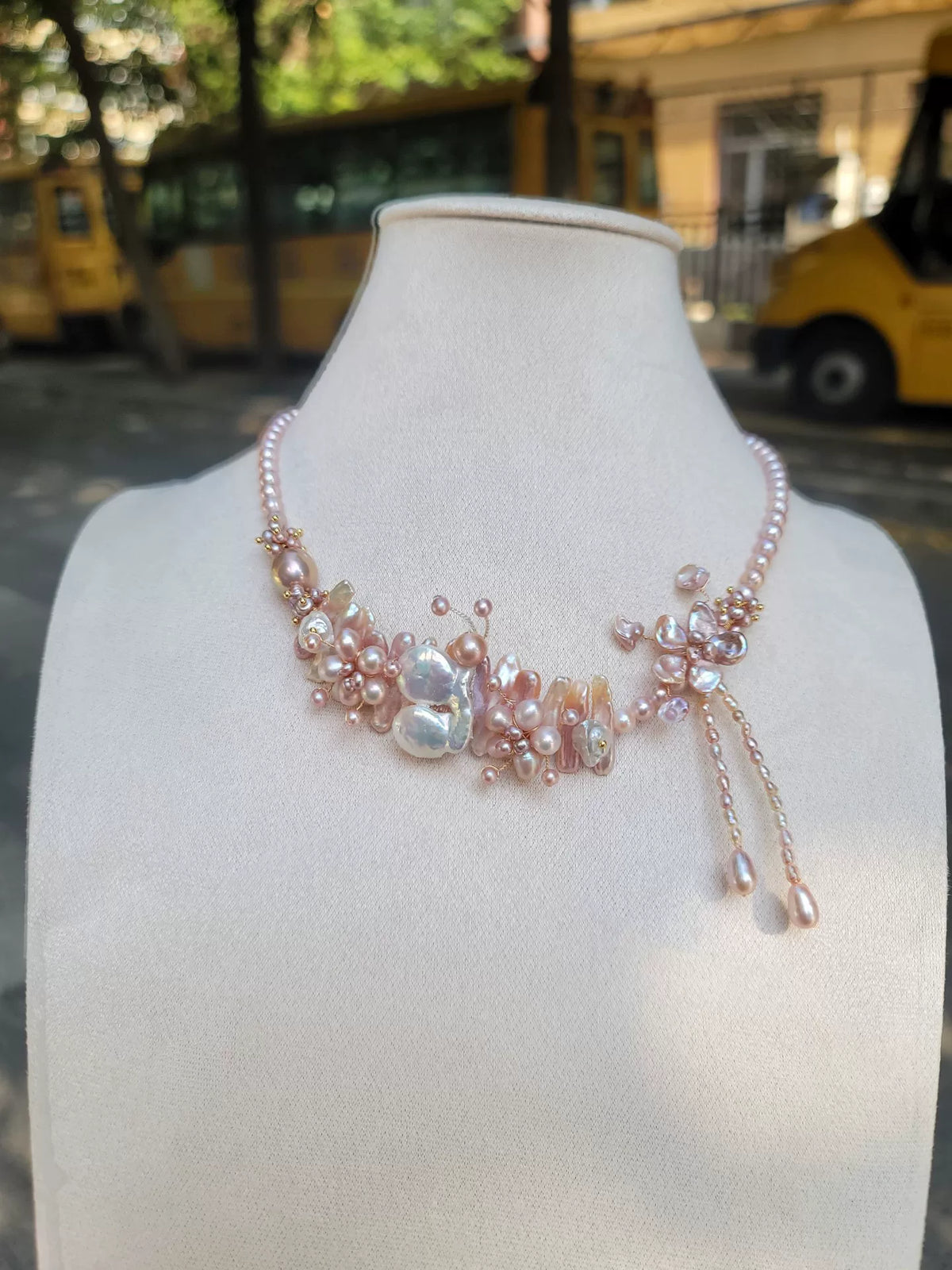 Pink Pearl Butterfly Flower Necklace