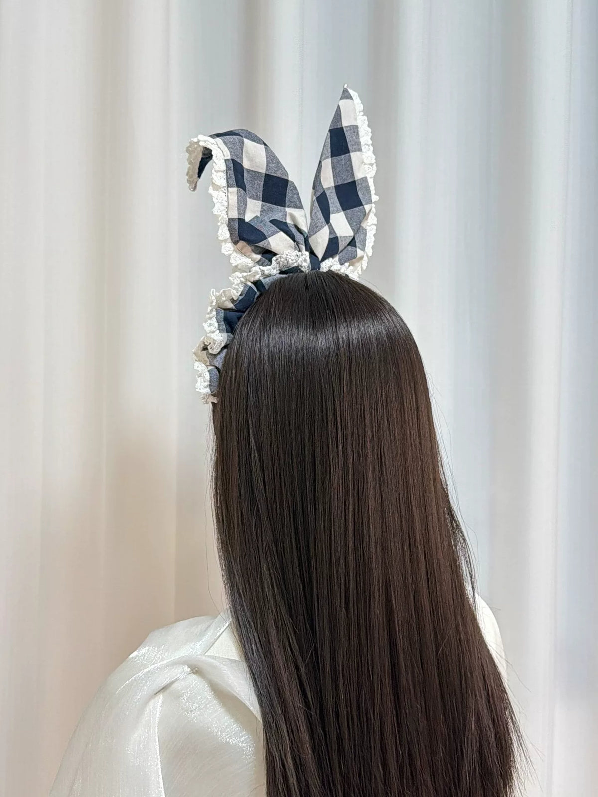 Cerchietto con orecchie da coniglio vichy blu navy